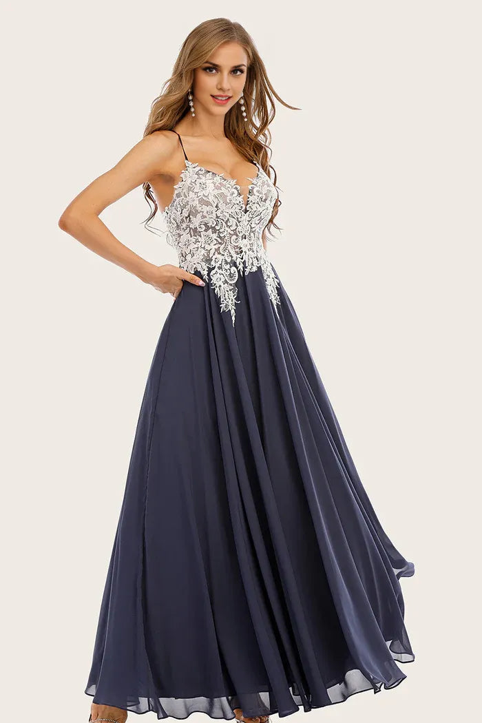 Weitese Dress Dusty Blue Long Chiffon A-line Party Dress With Lace Applique Prom Dress